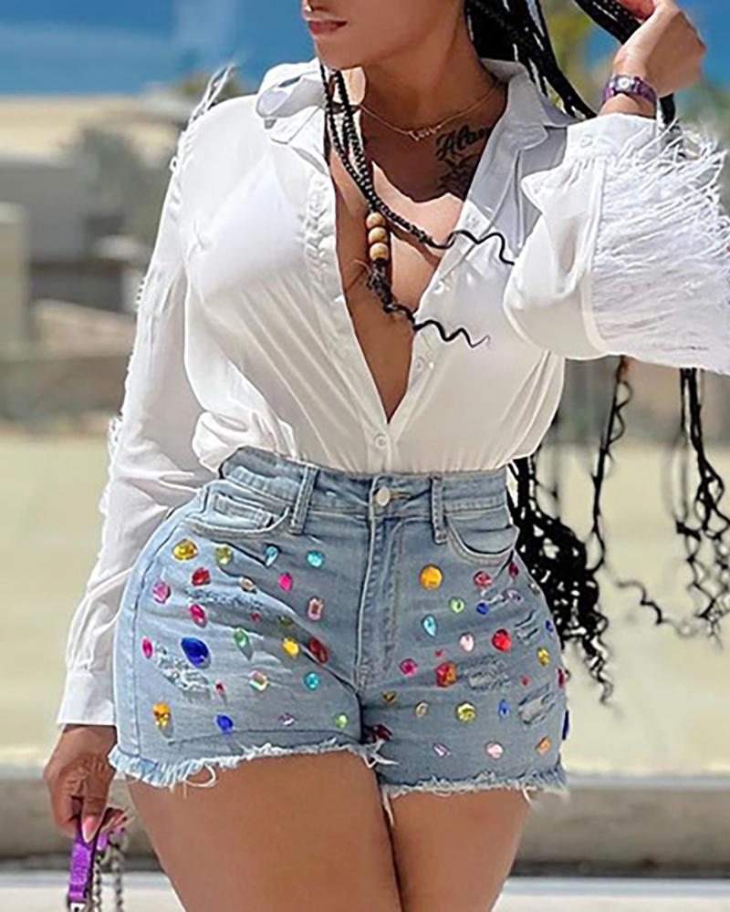 

Rhinestone Decor Raw Hem Denim Shorts, Blue