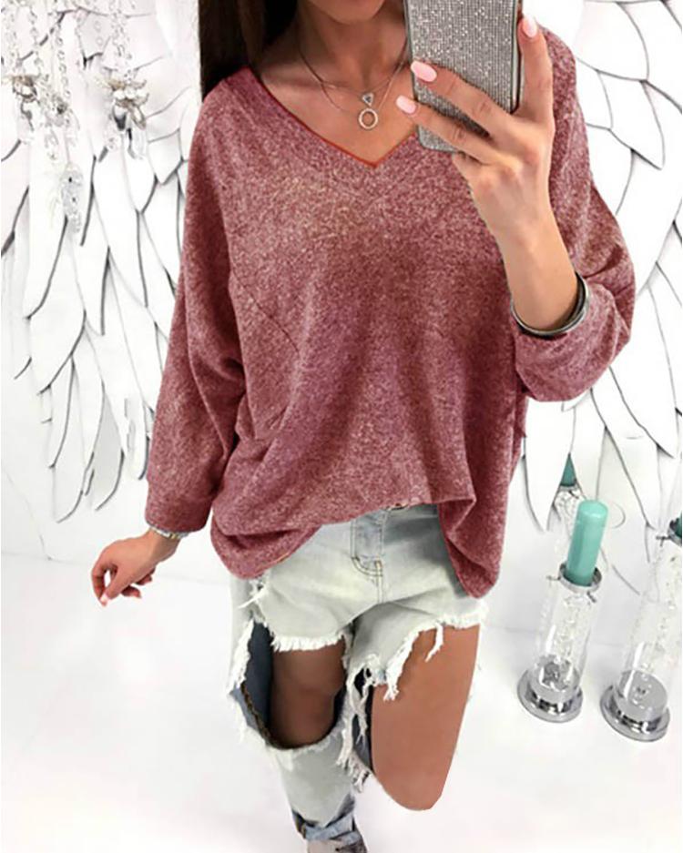 

Solid V Neck Long Sleeve Casual Blouse, Wine red