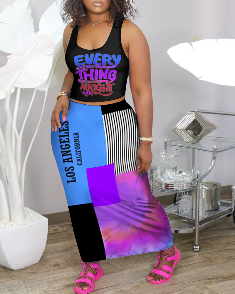 

Letter Print Tank Top & Colorblock Skirt Set, Blue