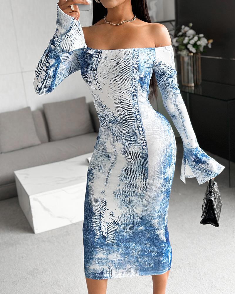 

Vestido ajustado con hombros descubiertos y estampado de aspecto vaquero, Blue