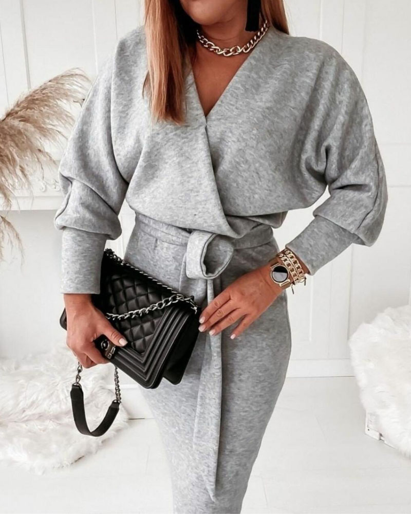 Lantern Sleeve Belted Wrap Sweatshirt Dress