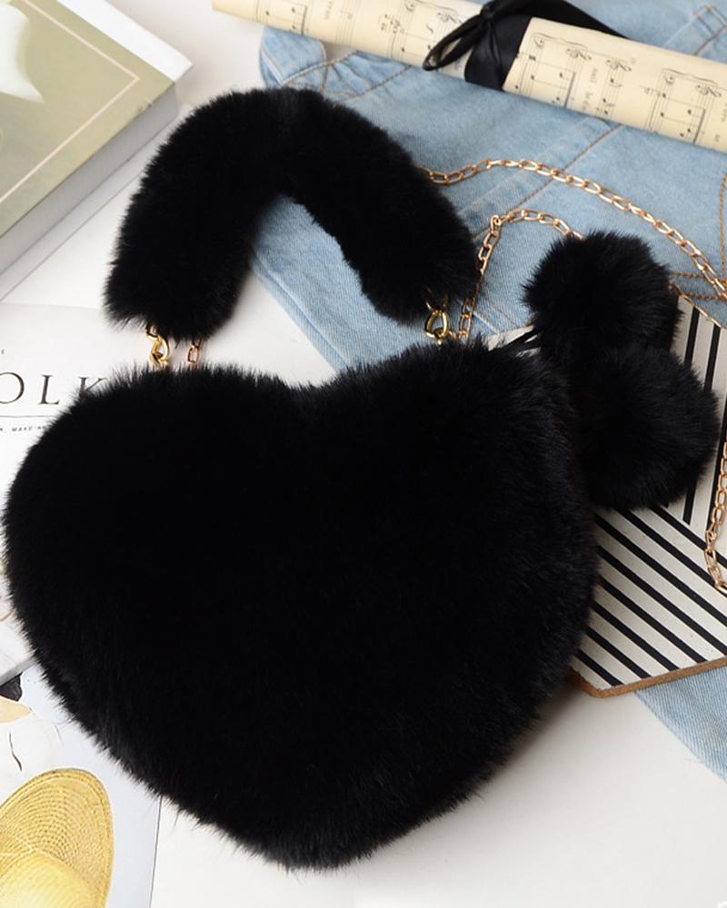 

Fluffy Heart Shaped Pom Pom Chain Strap Handbag, Black