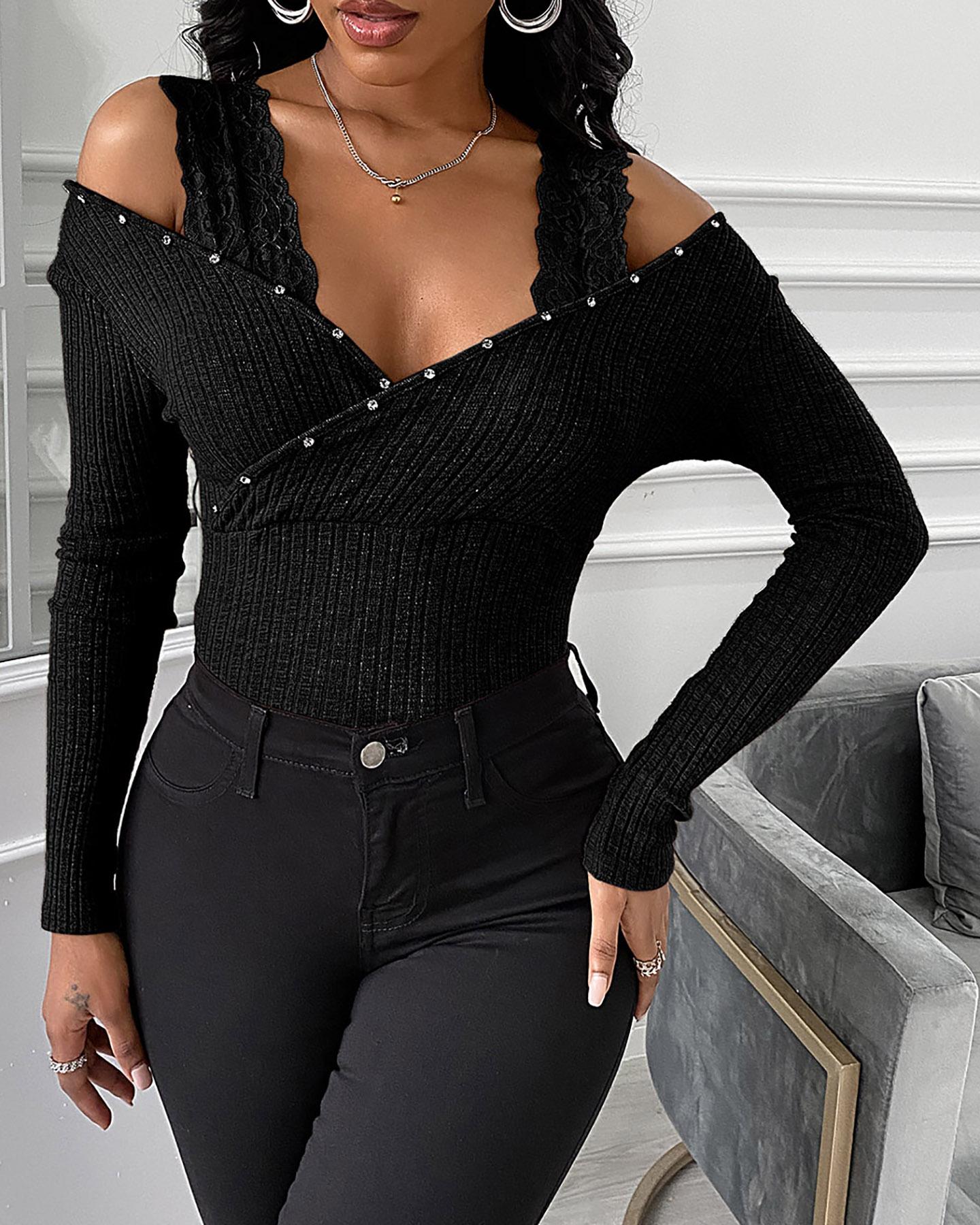 

Studded Cold Shoulder Long Sleeve Lace Top, Black