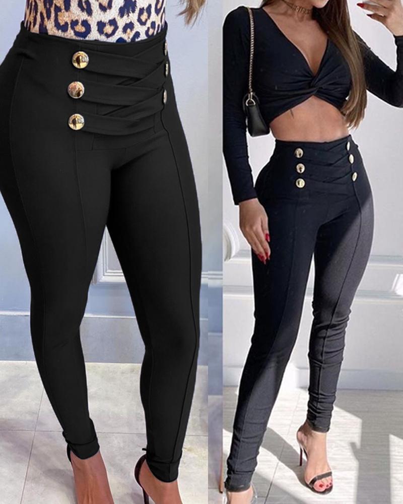 

Criss Cross Double Breasted Decor Skinny Pants, Black