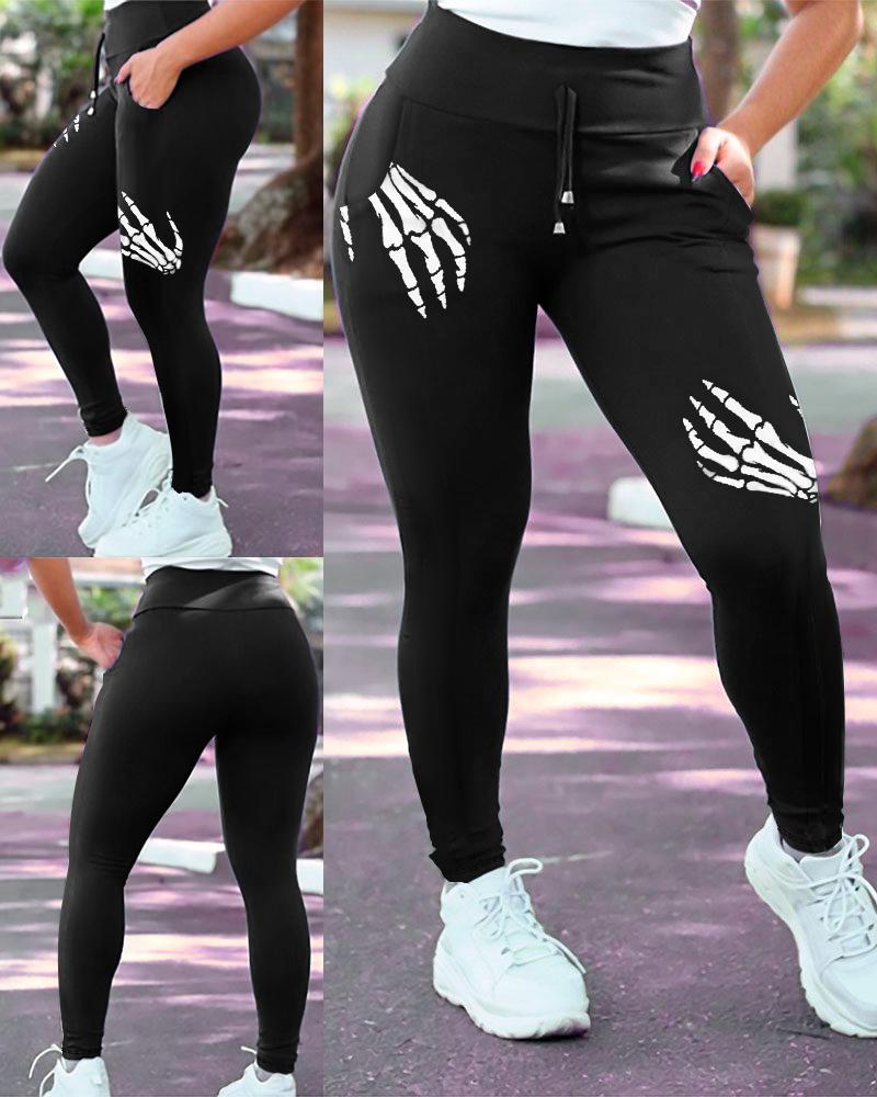 

Halloween Skeleton Hands Print Drawstring Skinny Pants, Black