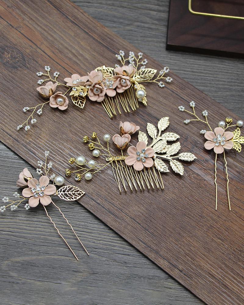 

4pcs Wedding Bridal Hair Comb Clips Leaf Pearl Hairpins Crystal Floral Jewelry Headpieces Set, Pink