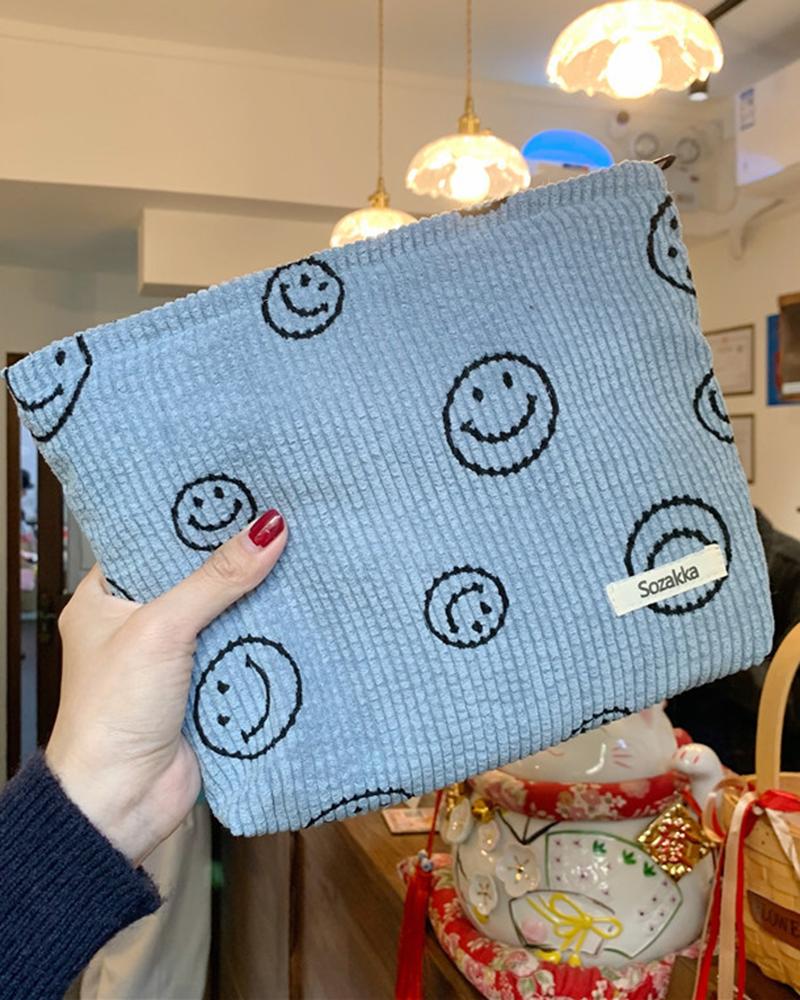 

Smiley Face Corduroy Makeup Toiletry Bag Storage Handbag Accessories Organizer, Lighted blue