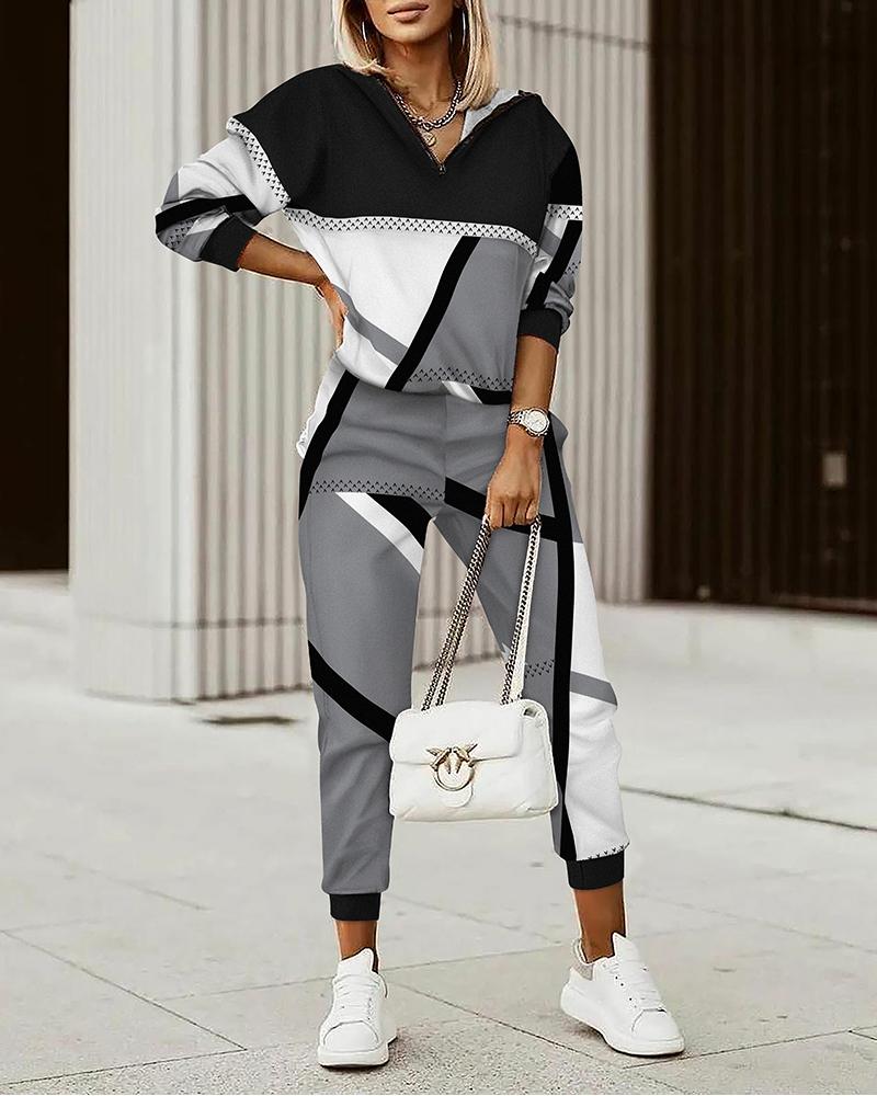 

Geometric Print Long Sleeve Casual Top & Pants Set, Gray