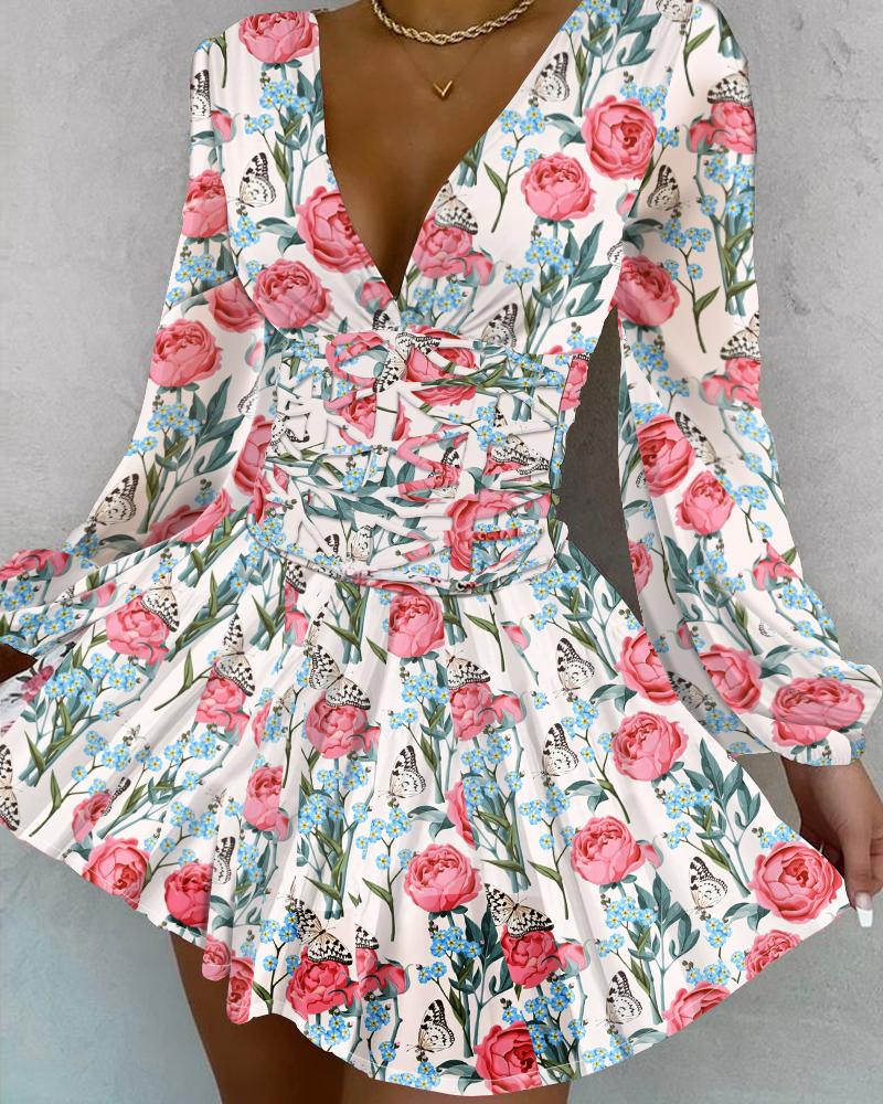 

Floral Print V-Neck Lace Up Corset Dress, Multicolor