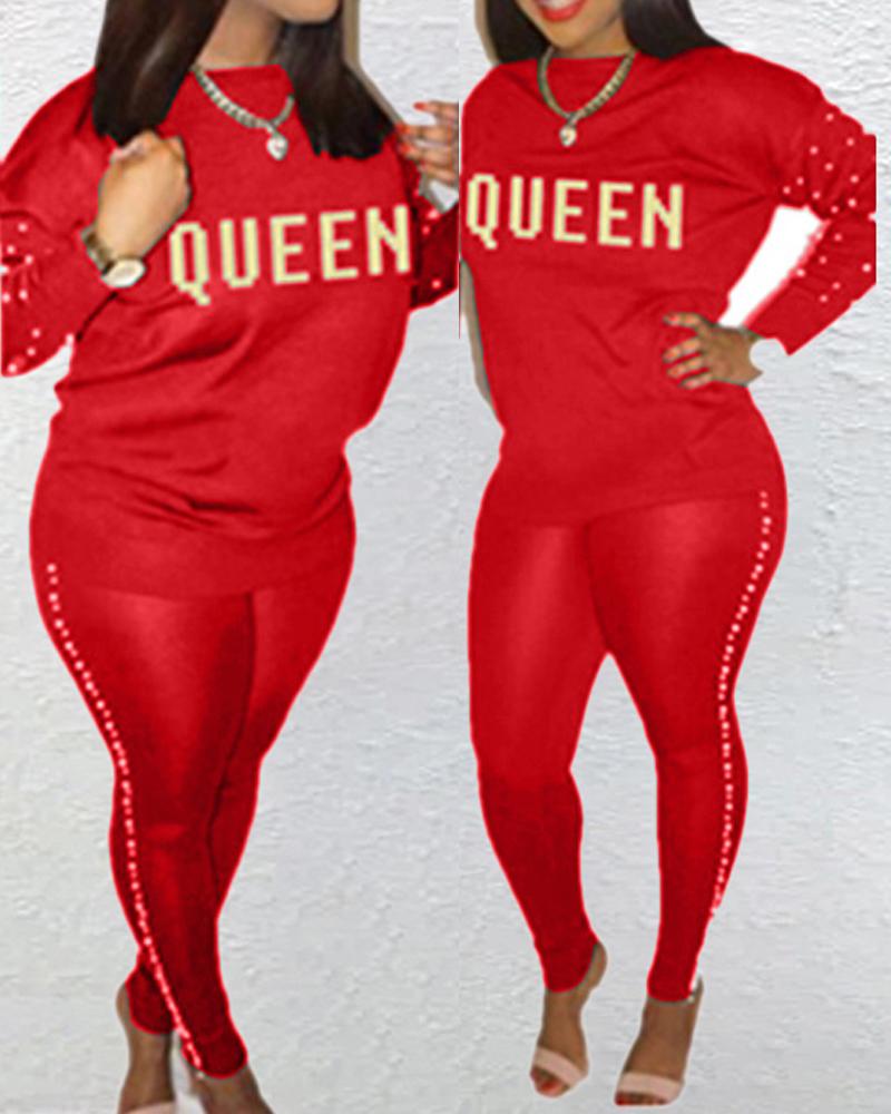 

Plus Size Letter Print Beaded Long Sleeve Top & Pants Set, Red