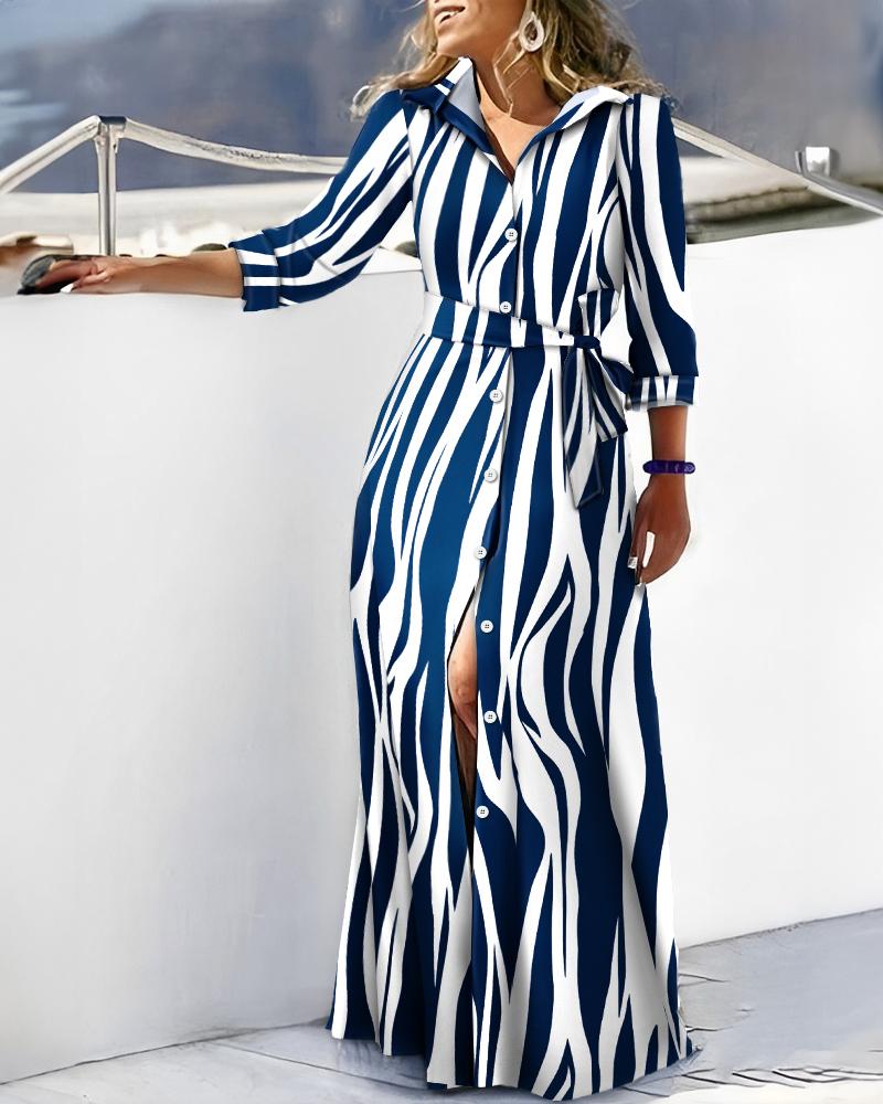 

Abstract Long Sleeve Buttoned Shirt Dress, Blue