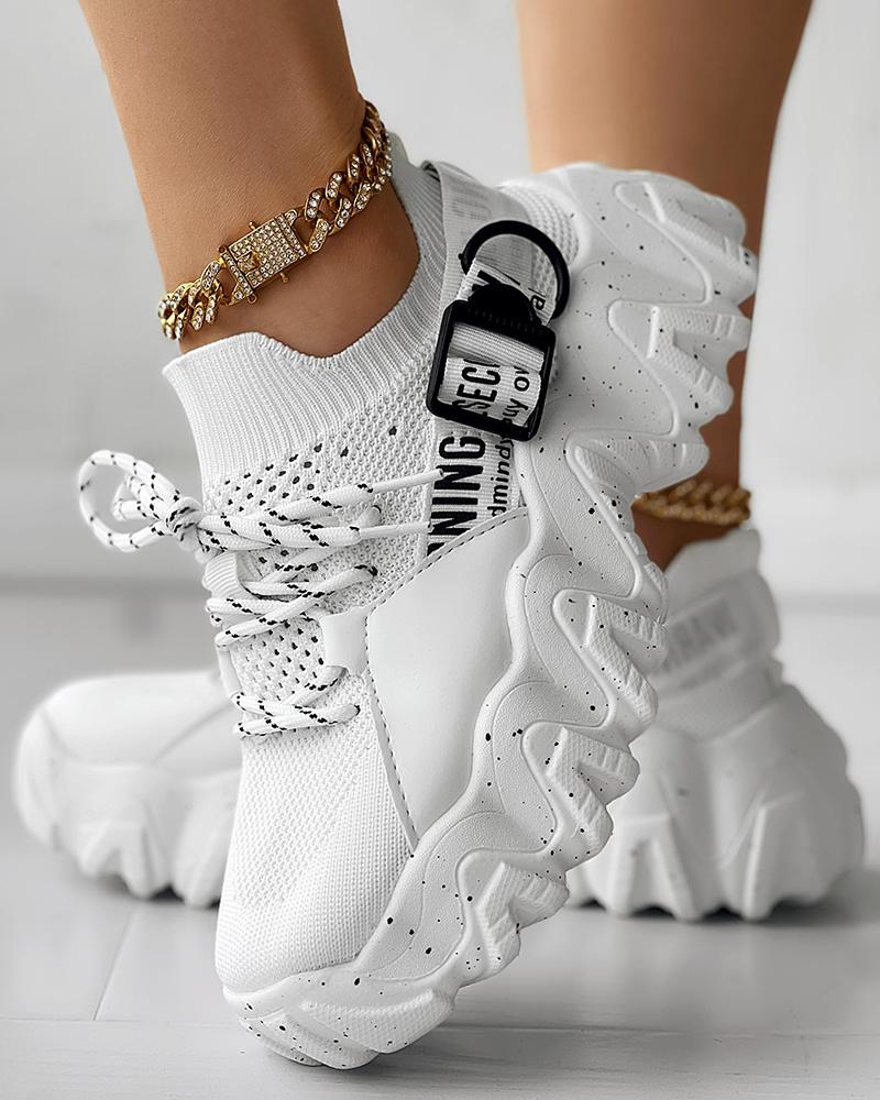 

Letter Pattern Platform Lace-up Sneakers, White