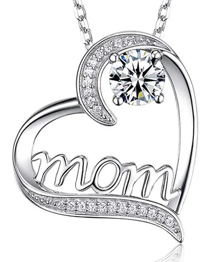 

1pc Mother's Day Fashion Charms Gift Hollow Out Heart Gemstone Letter Mom Pendant Necklace, Silver