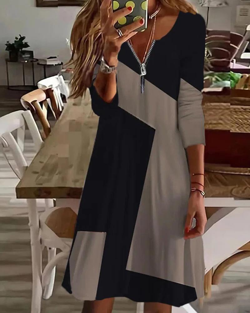 

Colorblock Zip Detail Long Sleeve Casual Dress, Black