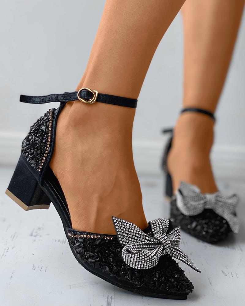 

Rhinestone Bowknot Allover Sequins Chunky Heels, Black