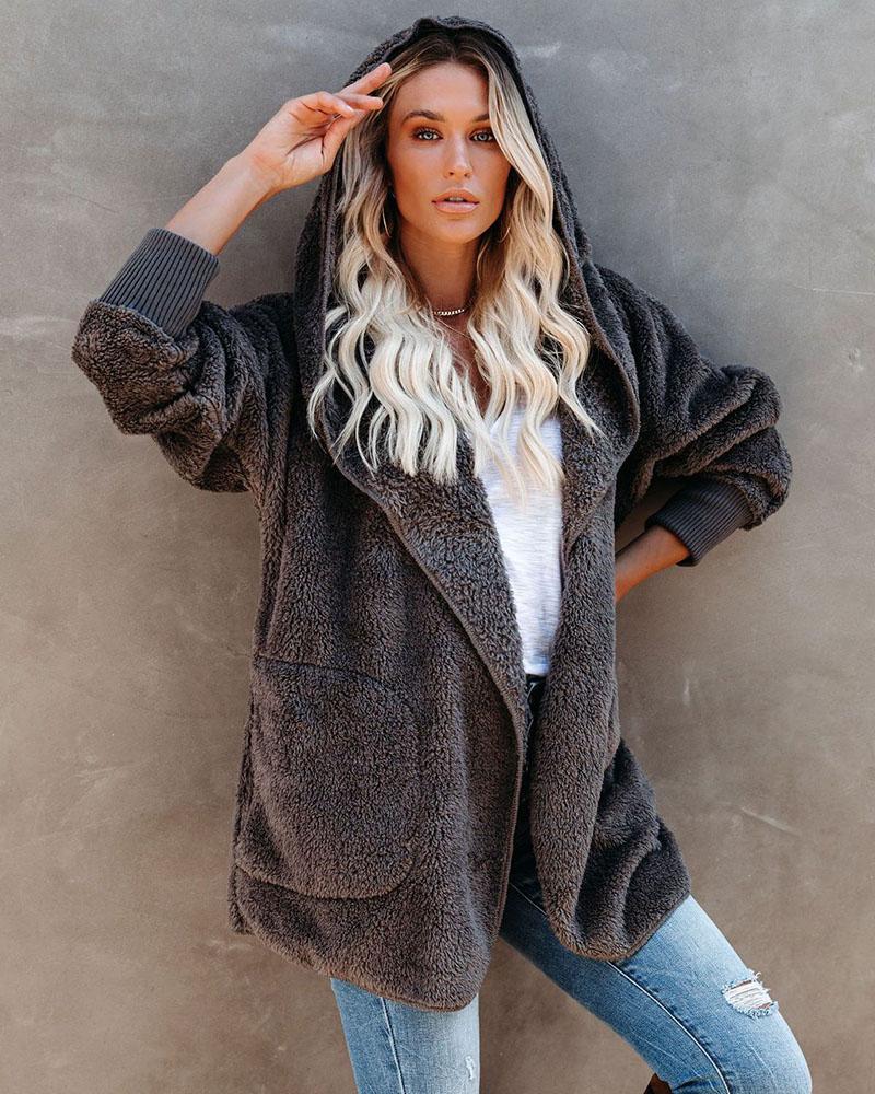 

Pocket Design Long Sleeve Hooded Teddy Coat, Gray