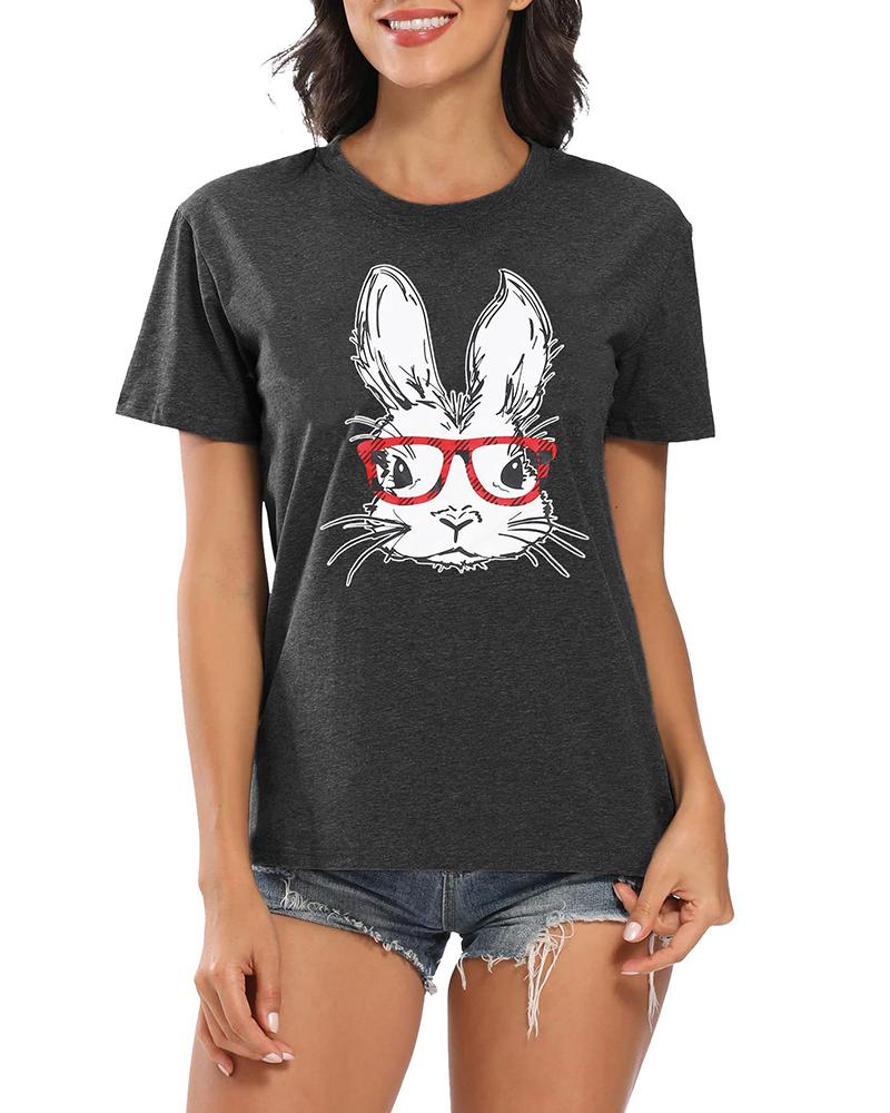 

Happy Easter Bunny Print T-shirt Holiday Graphic Tee, Dark grey