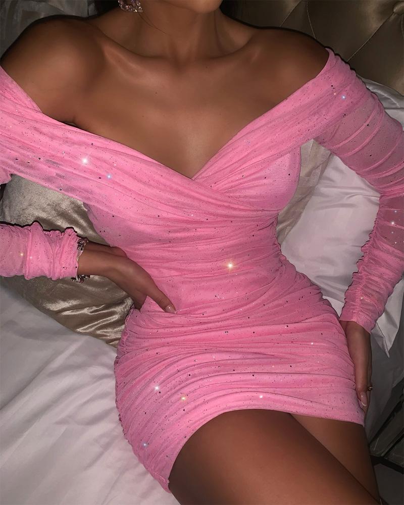 

Glitter Sheer Mesh Ruched Bodycon Dress, Pink