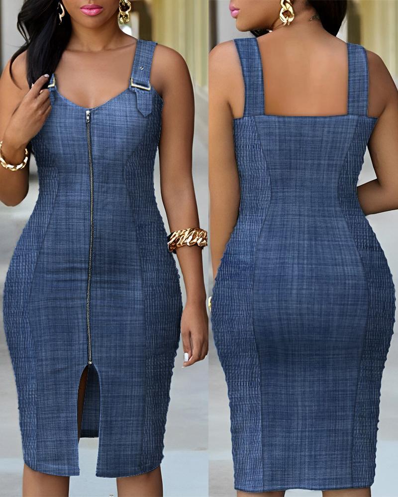 

Denim Look Print Zipper Detail Midi Dress, Blue