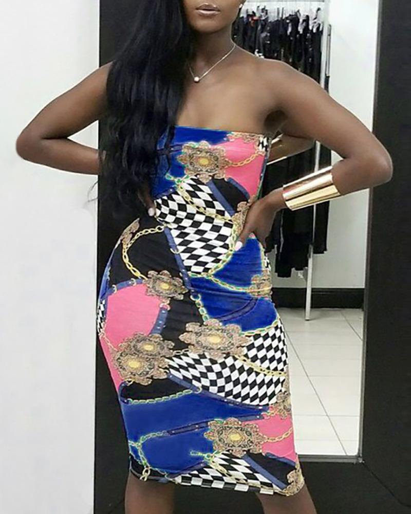 

Off Shoulder Sleeveless Print Bodycon Dress, Dark blue