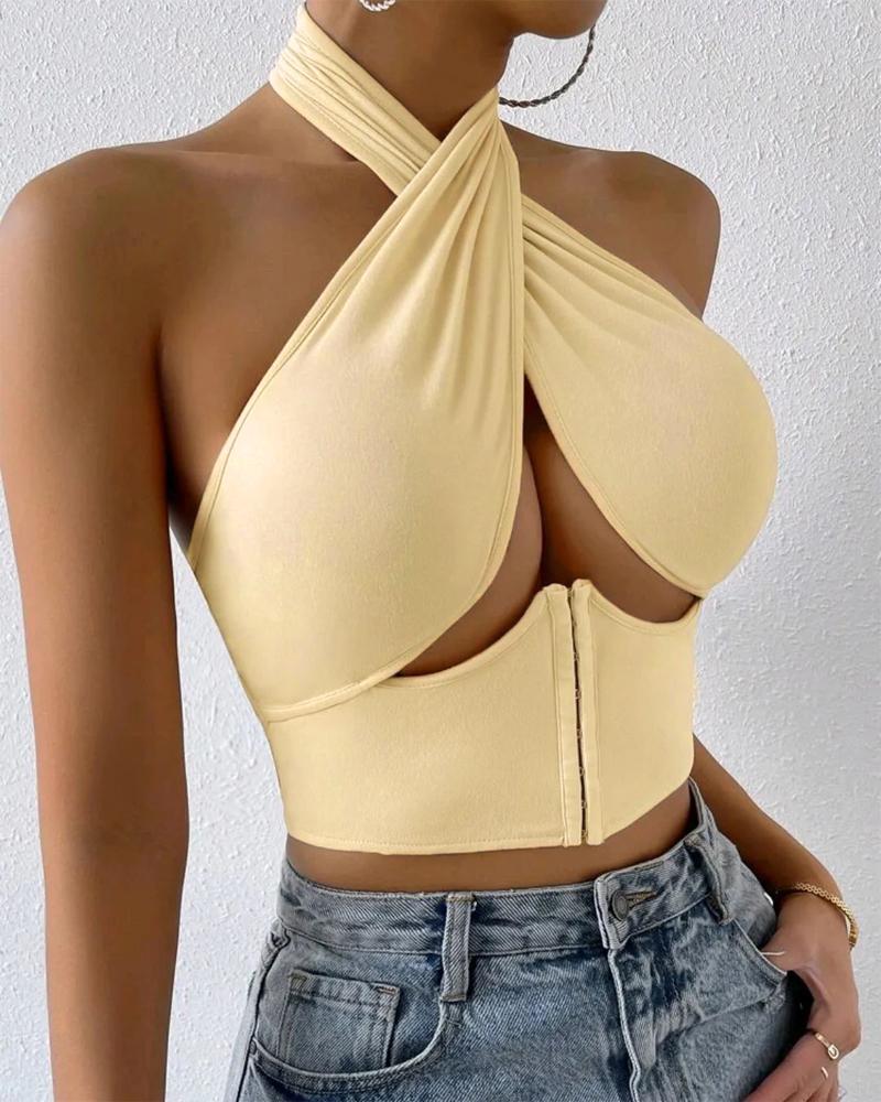 

Crisscross Halter Backless Cutout Corset Crop Top, Apricot