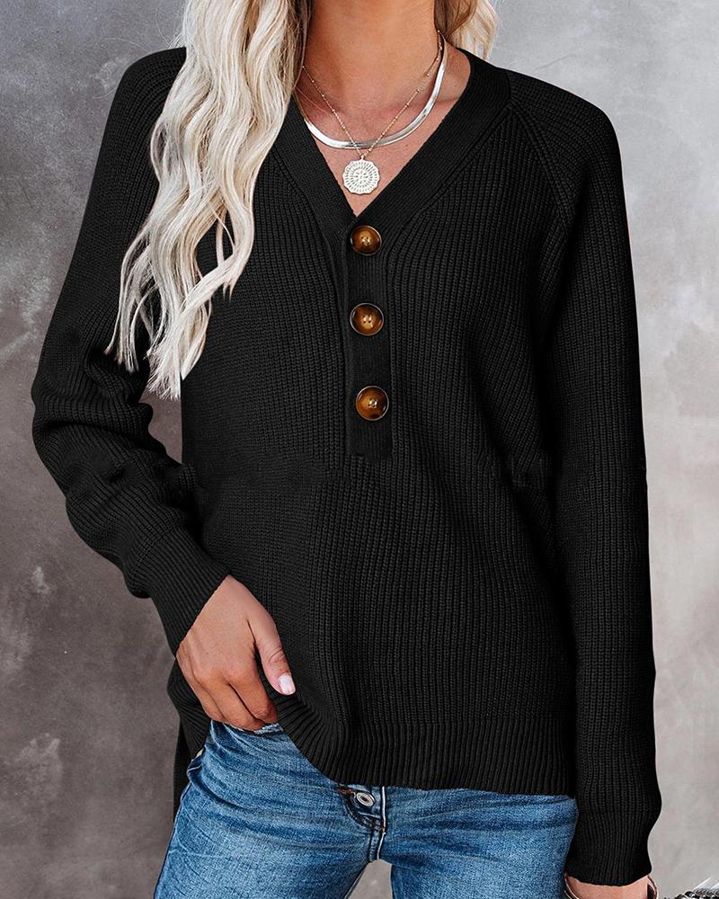 

Button Detail Long Sleeve Knit Sweater, Black