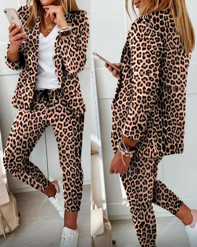 

Cheetah Print Blazer Coat & Drawstring Pants Set, Multicolor