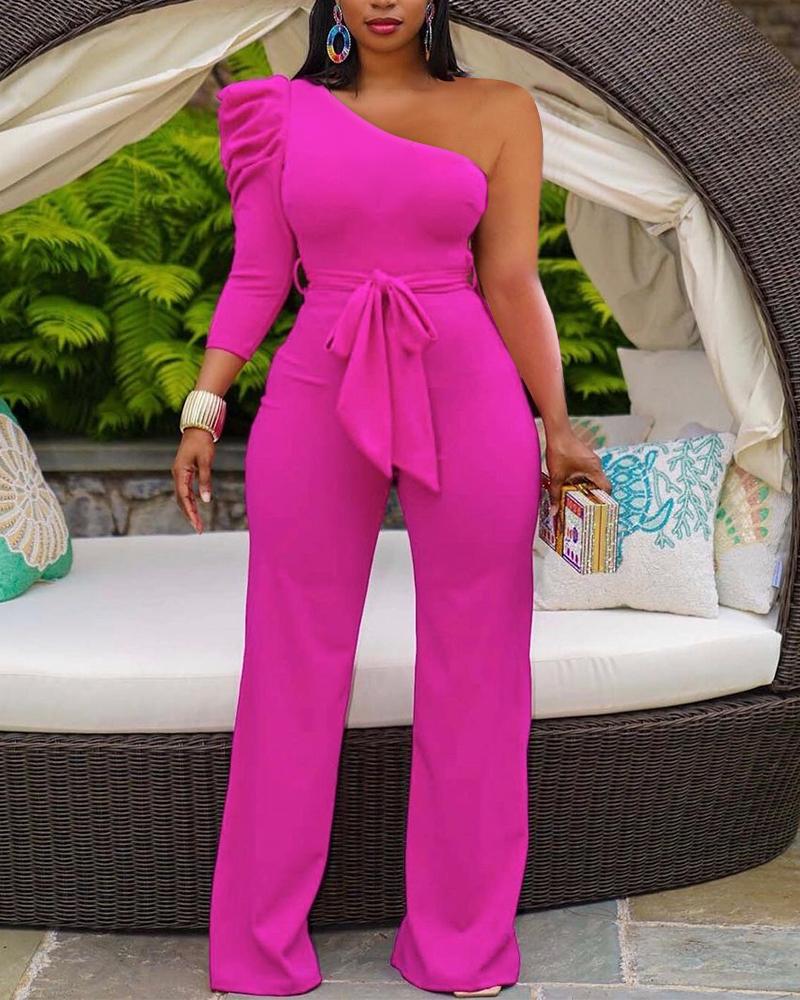 

Solid One Shoulder Puff Sleeve Belted Jumpsuit, Hot pink