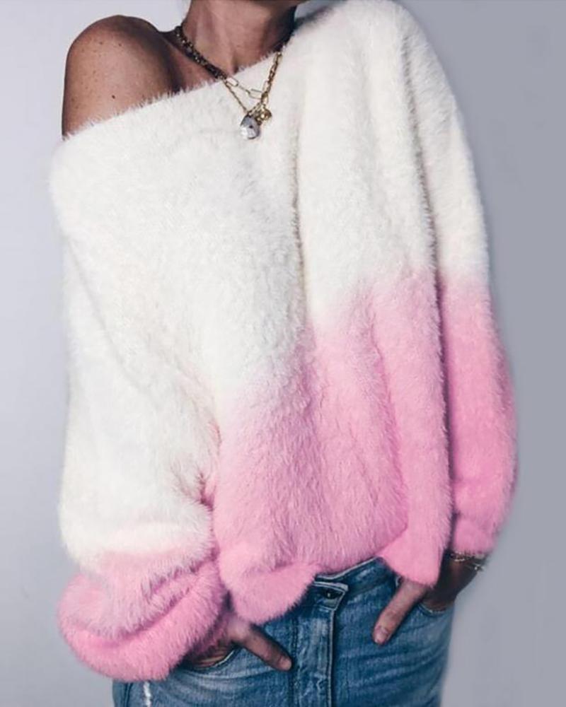 

Fluffy Gradient Color Long Sleeve Sweater, Pink