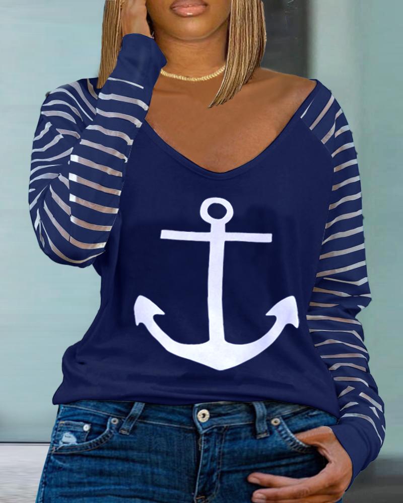 

Plus Size Anchor Print Zipper Design Contrast Mesh Top, Blue