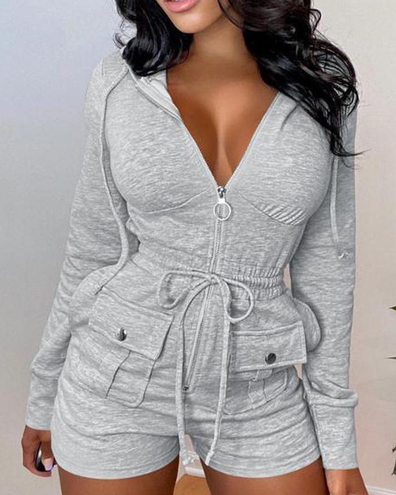 

knit Hooded Drawstring Zipper Pocket Design Skinny Romper, Gray