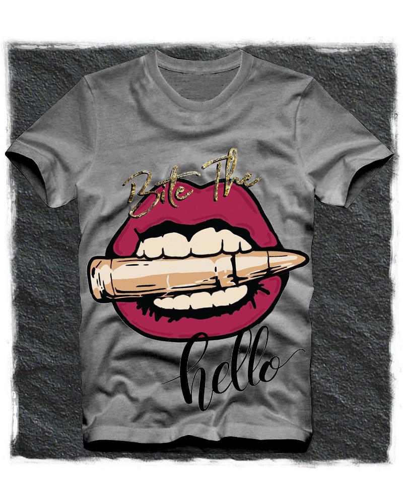 

Lip Cartoon Print Short Sleeve Loose T-shirts, Gray
