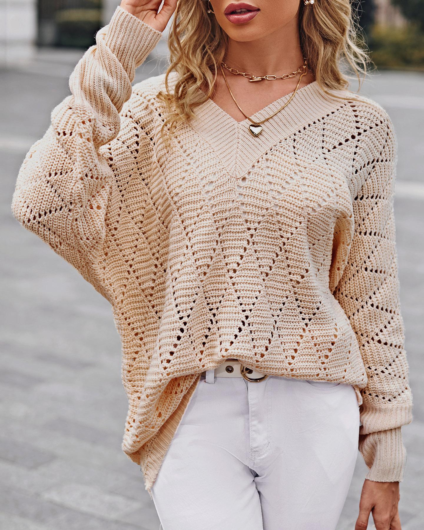 

V-Neck Hollow Out Batwing Sleeve Sweater, Beige