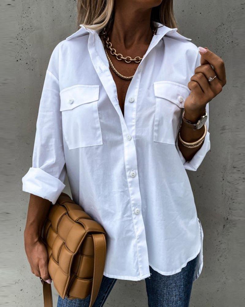 

Buttoned Pockets Design Dip Hem Shirt, White