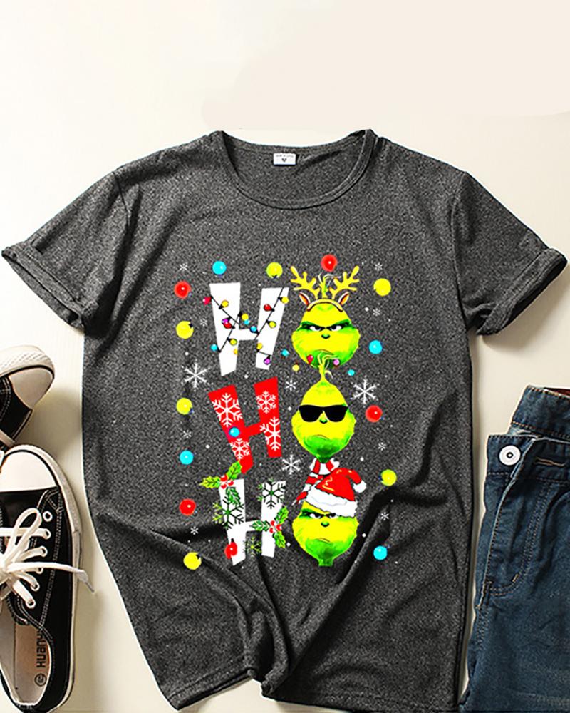 

Christmas Grinches Letter Snowflake Print Short Sleeve Top, Dark grey