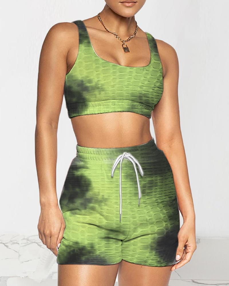 

Tie Dye Print Bubble Textured Drawstring Active Sets, Green