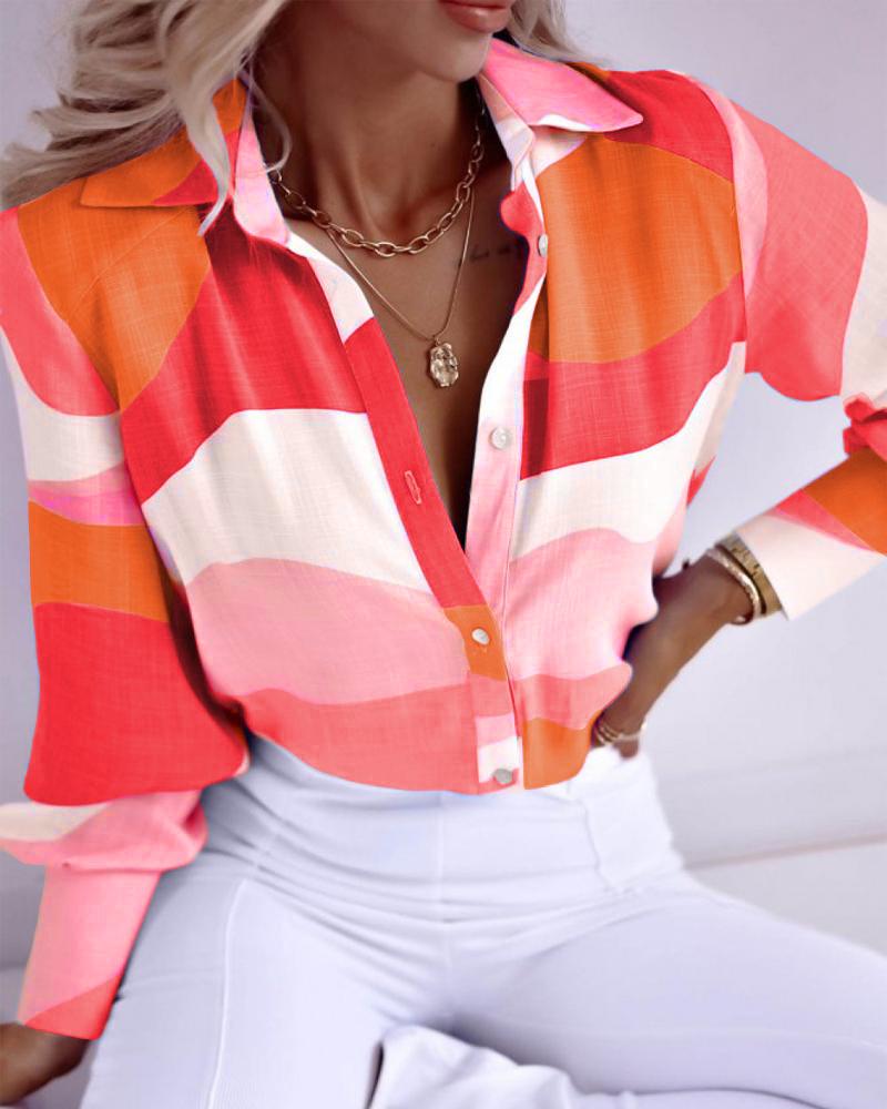 

Geometric Print Long Sleeve Button Down Shirt, Orange
