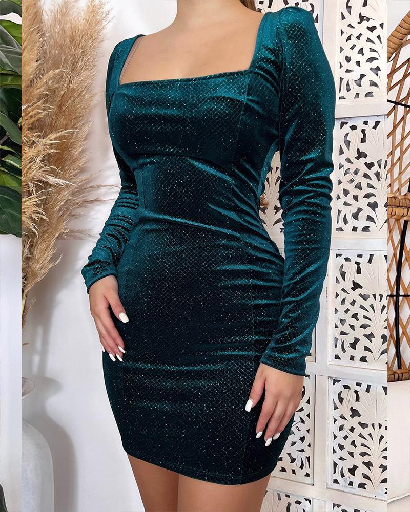 

Long Sleeve Velvet Glitter Bodycon Dress, Green