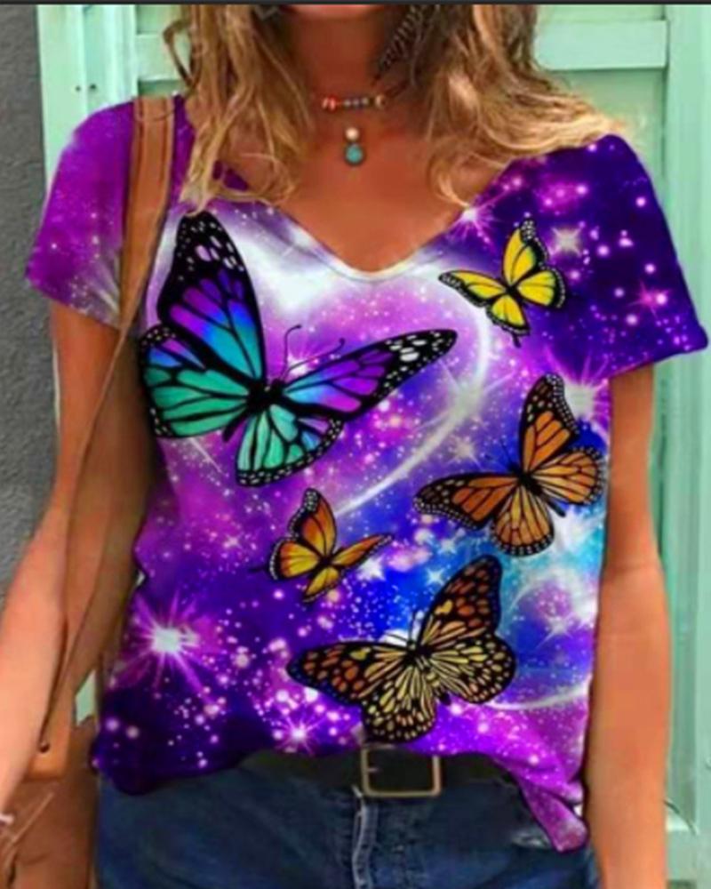 

Butterfly Print V Neck Short Sleve Casual T-Shirt, Style3