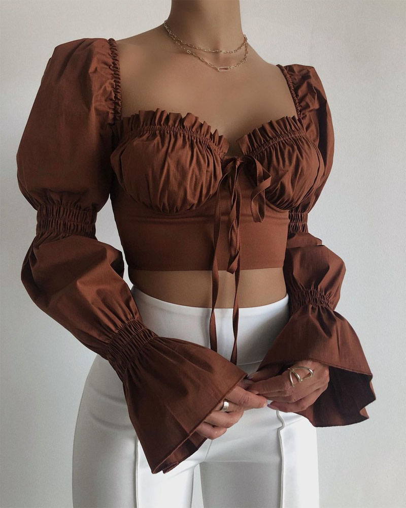 

Frill Hem Tie Front Bell Sleeve Crop Top, Coffee