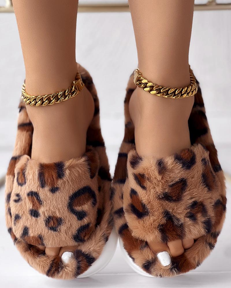 

Leopard Platform Fluffy Winter Slippers, Brown