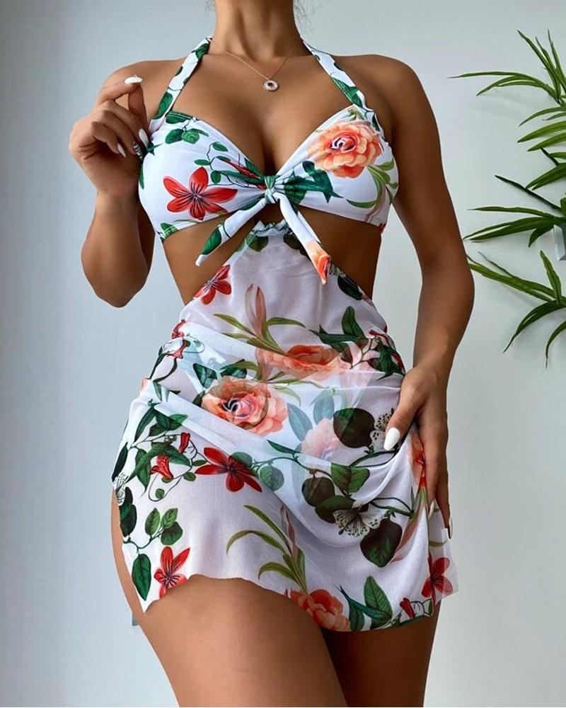 

3PCS Floral Print Halter Bikini Set With Cover Up, White