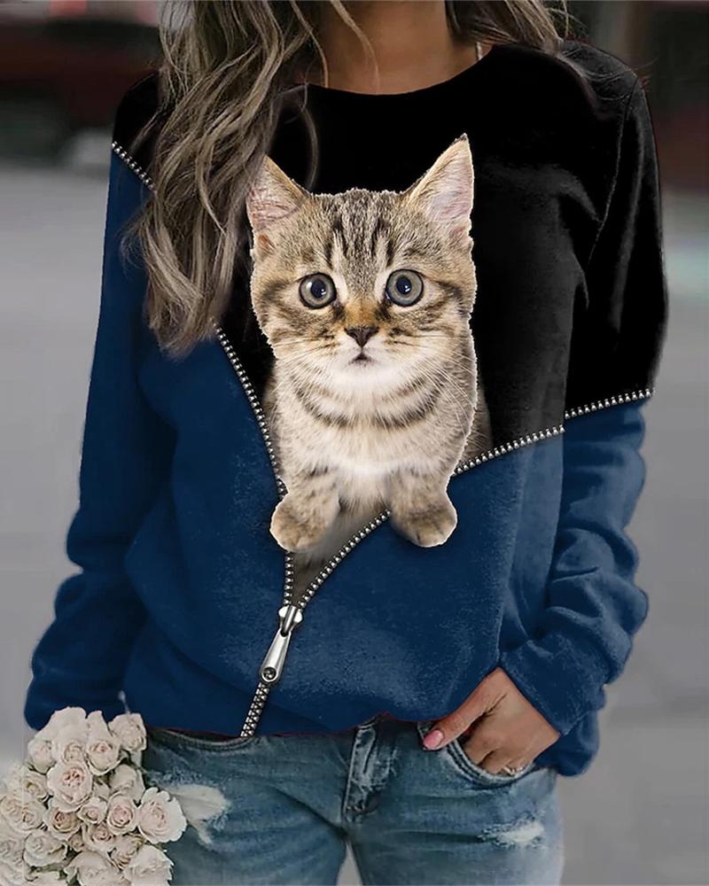 

Cute 3D Cat Print Long Sleeve Casual Top, Blue