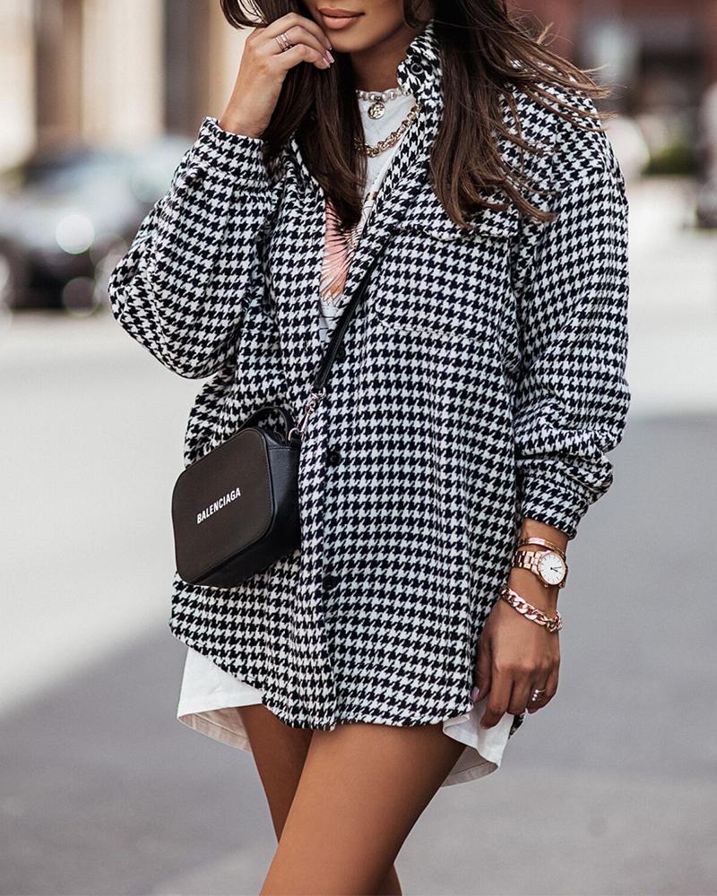 

Houndstooth Flap Detail Drop Shoulder Button Up Blouse, Black