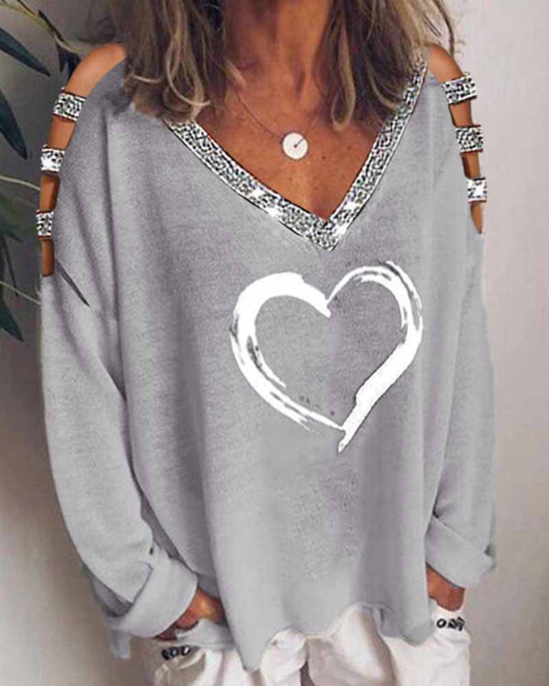 

Glitter Heart Print Long Sleeve Loose T-shirts, Gray