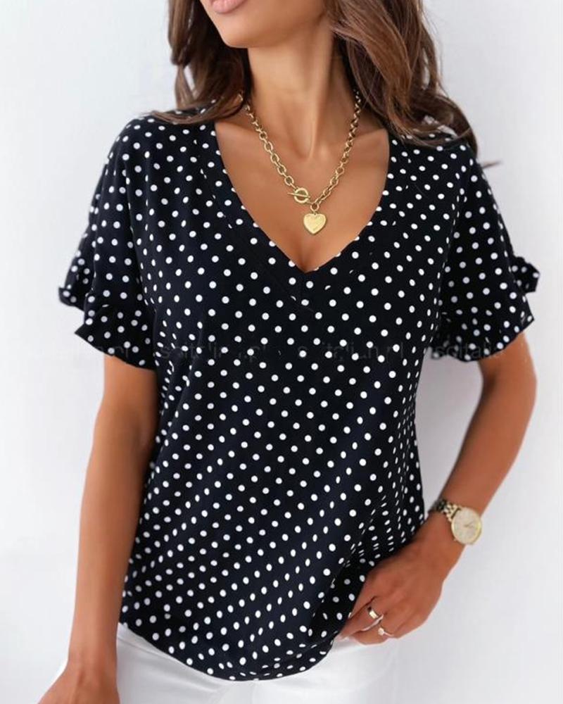 

Polka Dot Ruffles Sleeve Loose Blouse T-shirts, Black