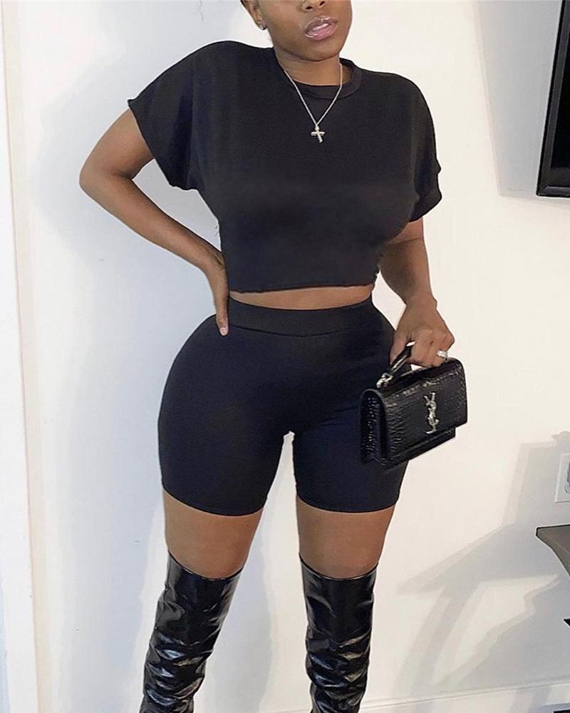 

Solid Color Short Sleeve T-shirt With Short Pants Suit Sets, Black