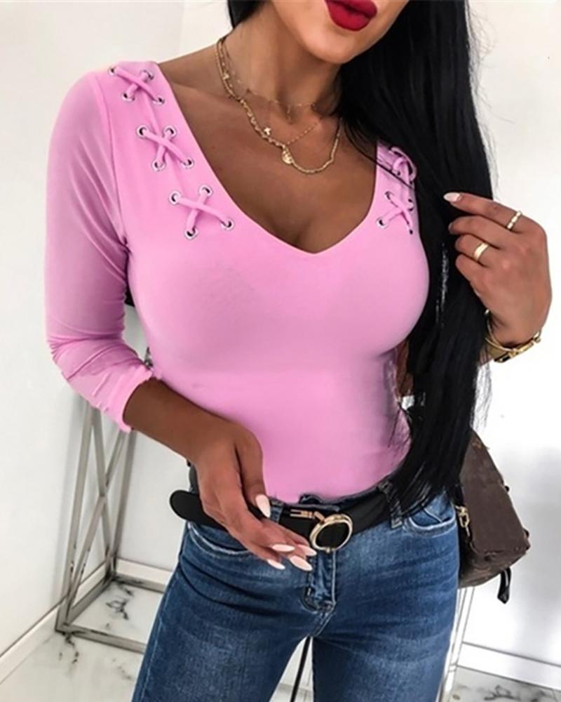 

Solid Eyelet Hollow Out Lace-Up Blouse, Pink