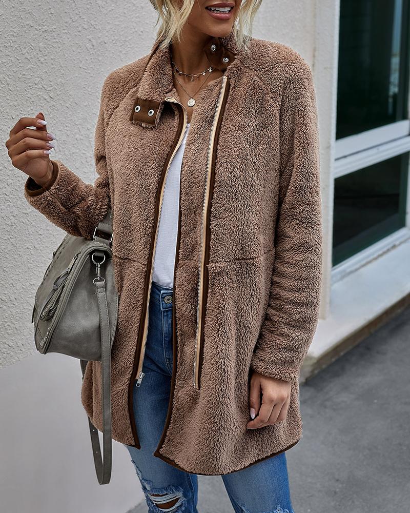 

Zipper Design Long Sleeve Fleece Teddy Coat, Khaki