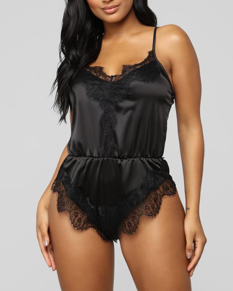 

Contrast Lace V-Neck Satin Teddy, Black